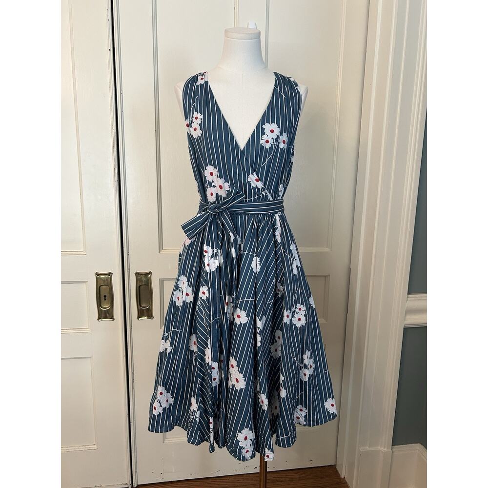 ModCloth Daisy Floral Fit and Flare Retro Dress Womens Size 8 Blue Rockabilly